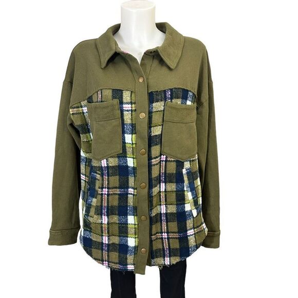 Anthropologie Pilcro Plaid Flannel Contrast Shirt‎ Jacket Size Medium Green NEW - Picture 1 of 10